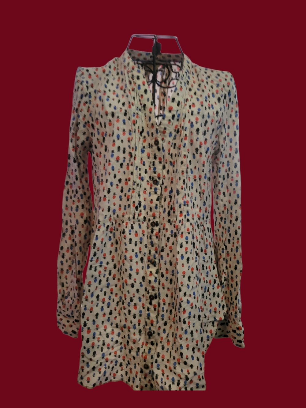 Patterned Button-Front Long Sleeve Tunic - Cream with Red & Blue Dots